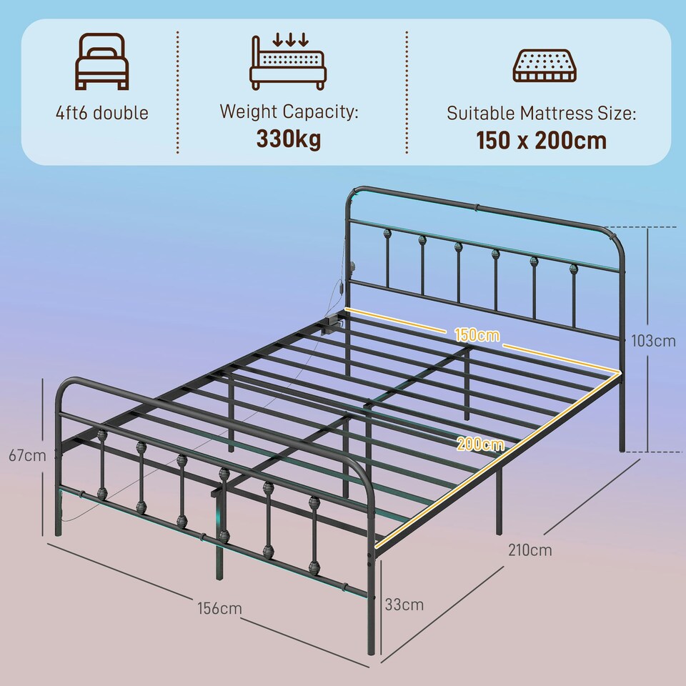 image 1 of HOMCOM King Bed Frame with LED Lights and Charging Station, Black
