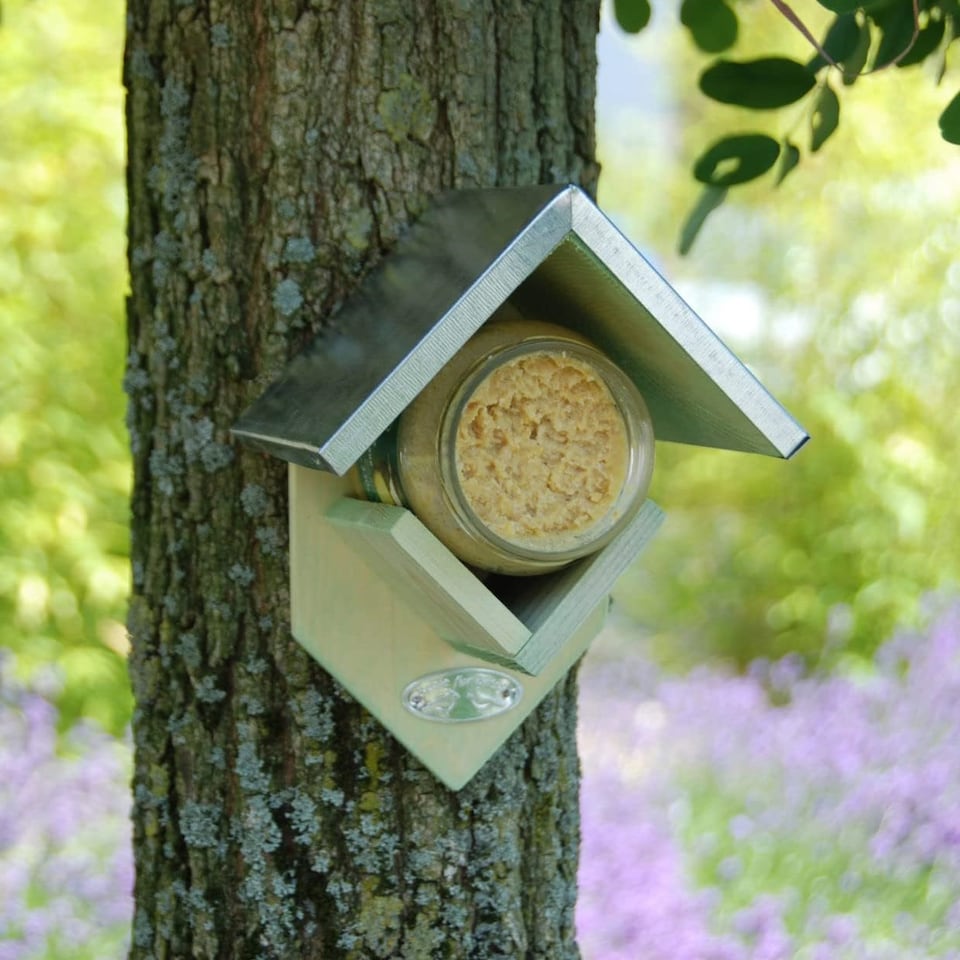 image 1 of Fallen Fruits Wooden Peanut Butter Jar Feeder | Brown | Light Brown (Green-blue hue)