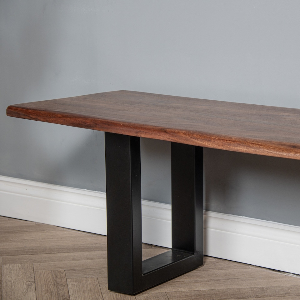 image 1 of Solid Mango Wooden Live Edge Dining Hall Shoe Bench Dark Oak Finish Metal 45cm High x 155cm Wide x 40cm Deep