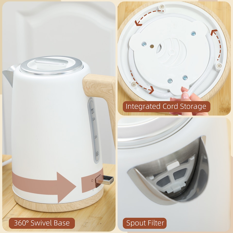 image 1 of HOMCOM Stainless Steel Kettle and Toaster Set, 1.7L 3000W Fast Boil Kettle & 2 Slice Toaster Kitchen Set with 7 Level Browning Controls, Defrost, Reheat, Auto Off, Boil-dry Protection, White