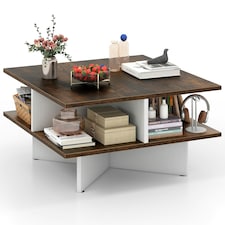 COSTWAY 2-Tier Square Coffee Table 60cm Center Table Brown