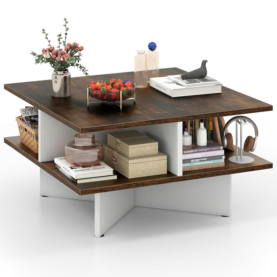 image 1 of COSTWAY 2-Tier Square Coffee Table 60cm Center Table Brown