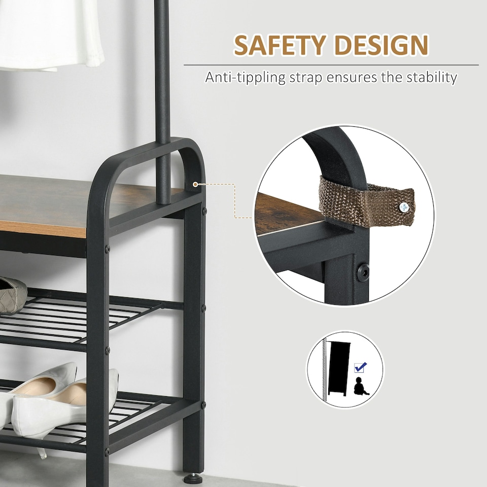 image 1 of HOMCOM Industrial Coat Rack Stand with 8 Hooks Hangers Storage Cabinet Brown