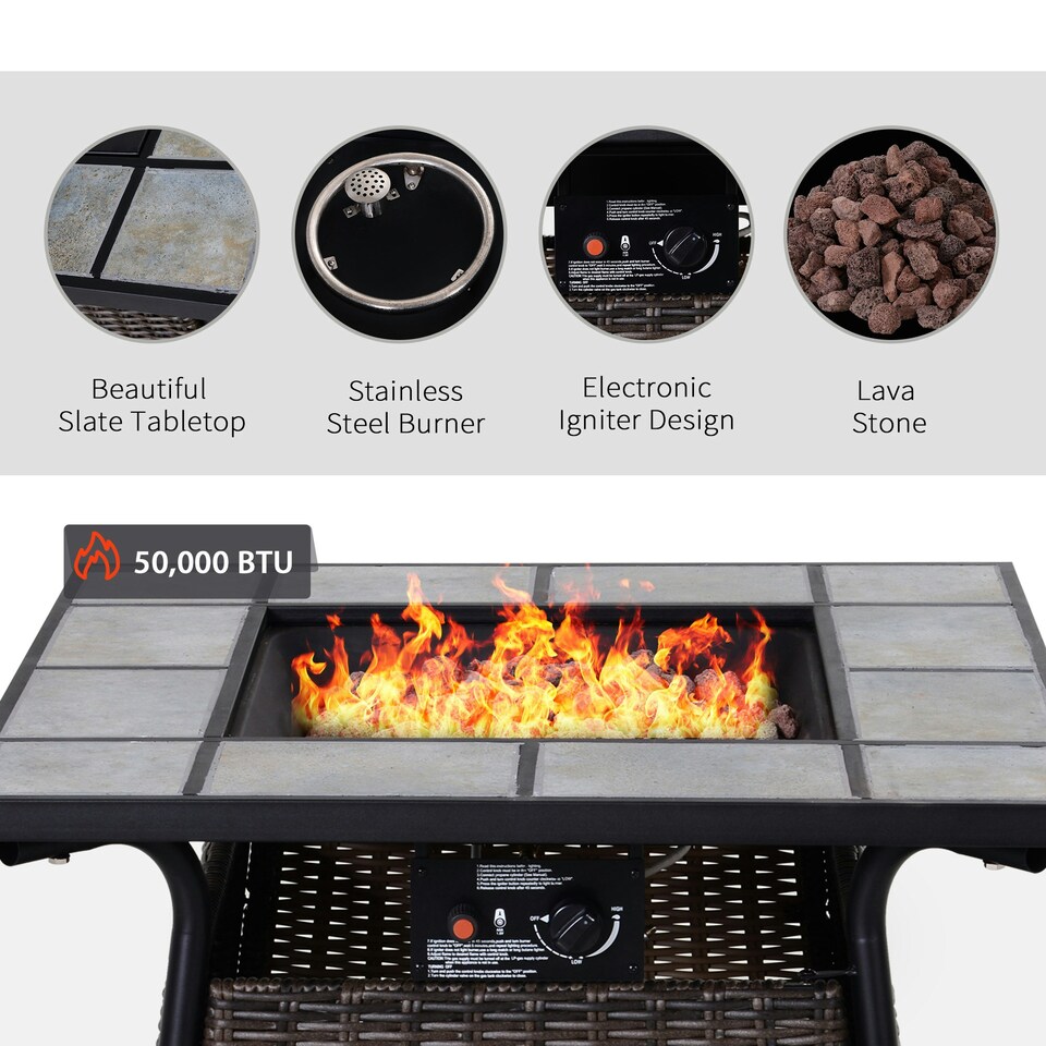 image 1 of Outsunny Rattan Fire Pit Square Patio Heater with Fire Control Panel