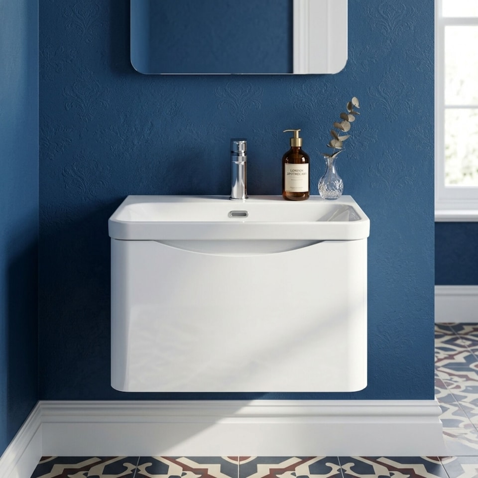 image 1 of Balterley Arch Modern Wall Hung 1-Drawer Bathroom Vanity with Thin Edge Ceramic Basin | White | Satin White
