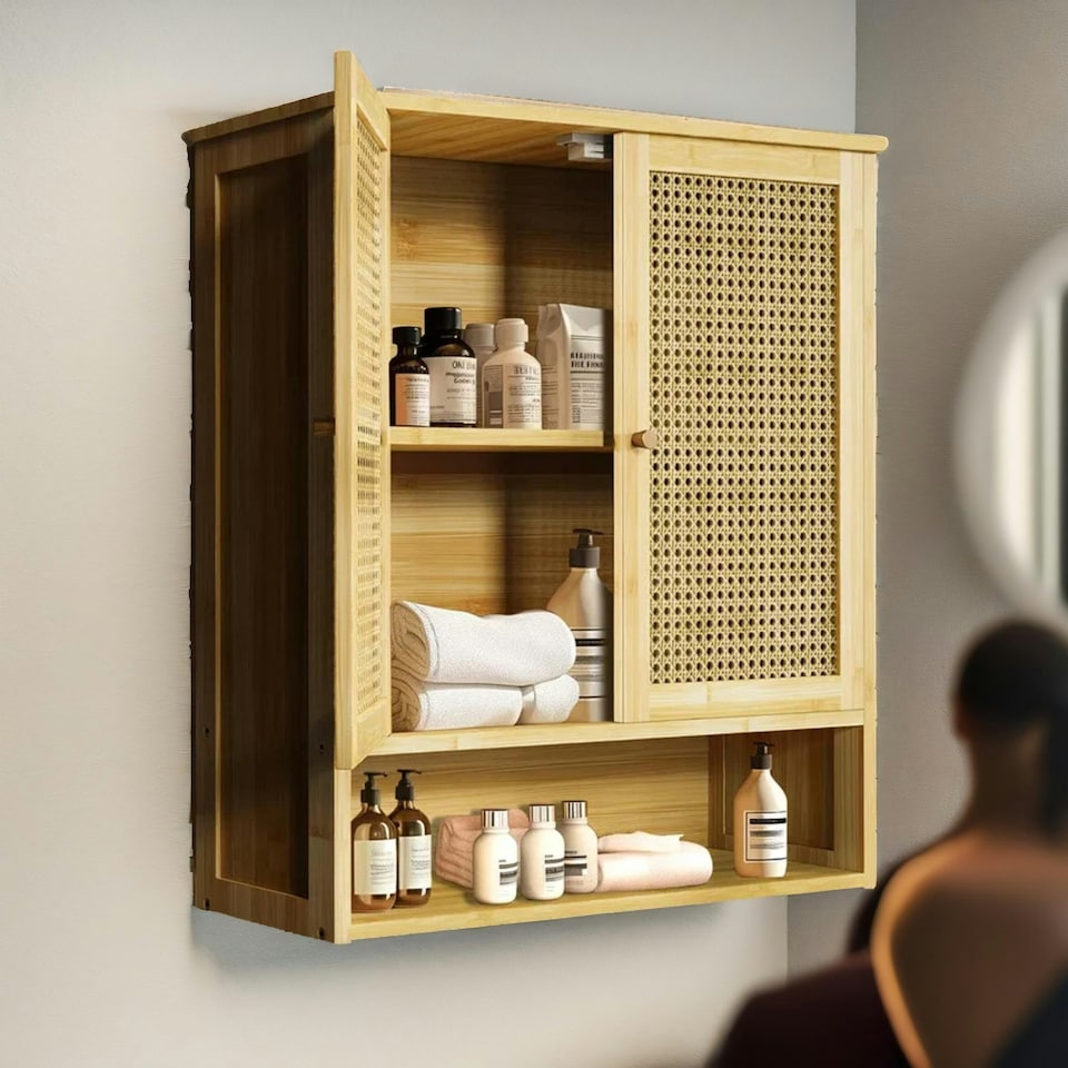 image 1 of Wooden Bathroom Wall-Mounted Storage Cabinet Organiser Natural Brown Brown