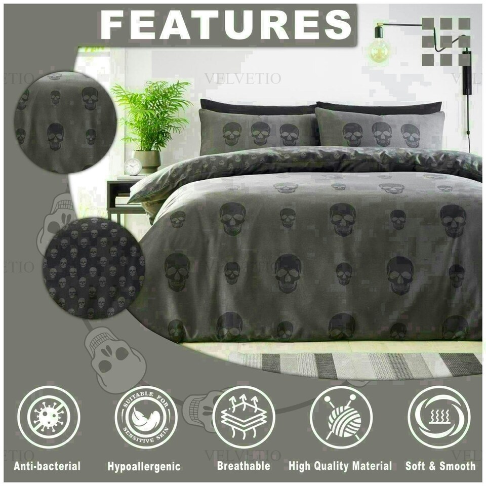 image 1 of Skull Charcoal Printed Duvet Cover Set Reversible Polycotton Beddings Grey | Double