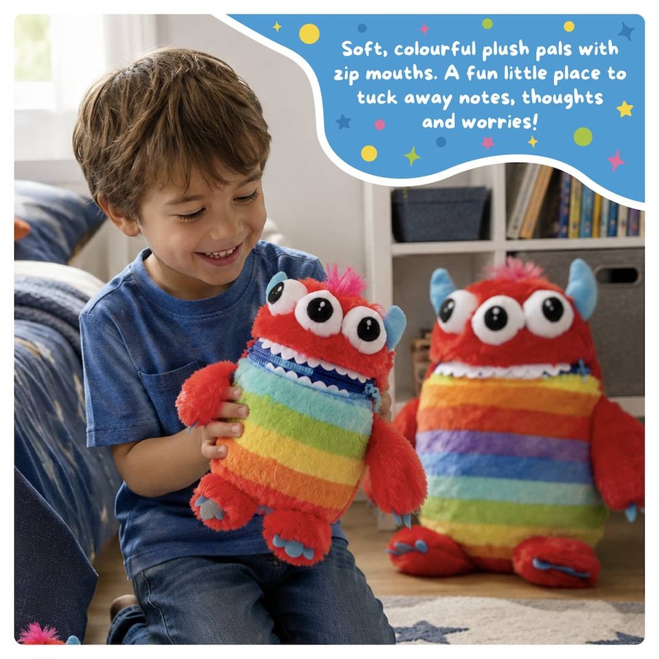 image 1 of Kids Worry Yummy Monster Cuddly Plush Toy Gift Set of 3 - Jumbo, Large and Clip-On Sizes Included