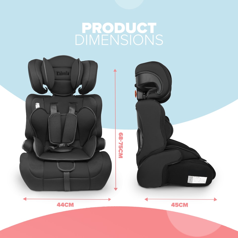 image 1 of Kidoola Adjustable Car Seat, 3 Age Functions, Toddler to 12 Years, Black