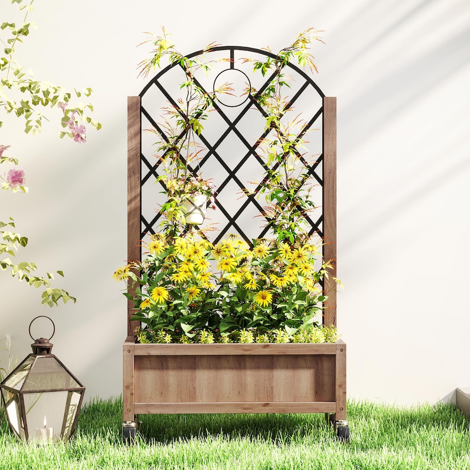 image 1 of Outsunny Wooden Raised Bed, Outdoor Planter Box  Metal Trellis | Brown | Brown