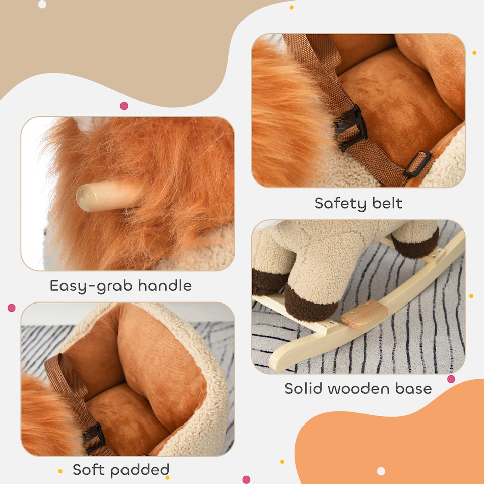 image 1 of HOMCOM Kids Rocking Lion Plush Ride On with Sound Wood Base Seat Belt, Brown