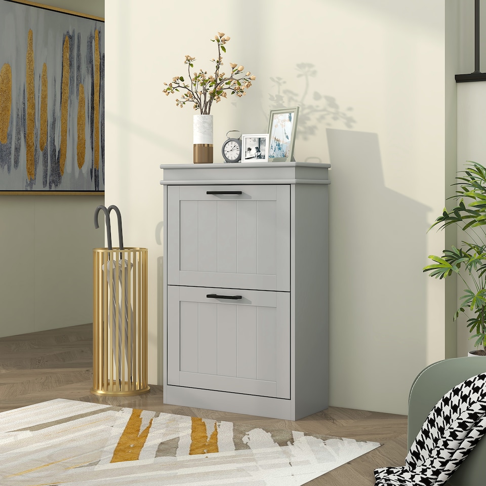 image 1 of HOMCOM Slim Shoe Storage Cabinet with 2 Flip Drawers for Entryway, Grey | Grey