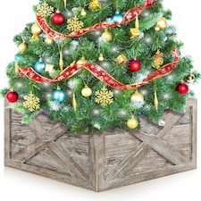 COSTWAY Christmas Tree Wooden Tree Box Stand Cover Grey | One Size