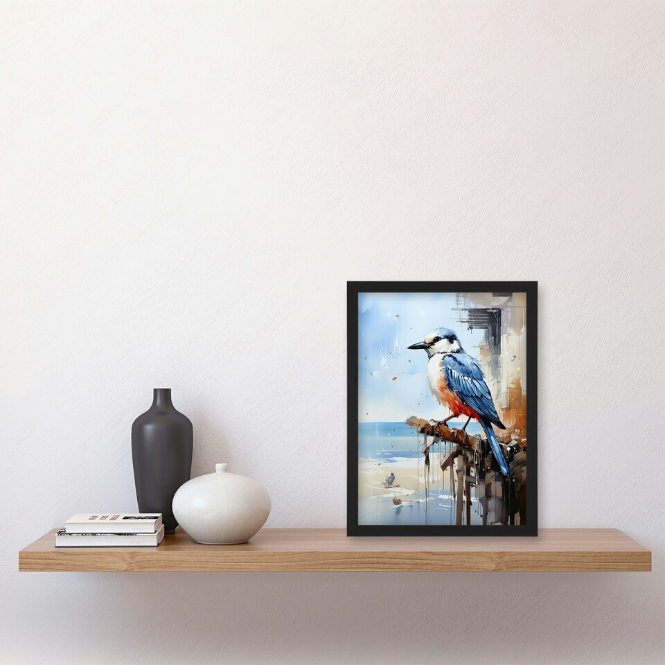 image 1 of Blue Bird by Beach Portrait Oil Home Decor Black Framed Wall Art Print A4