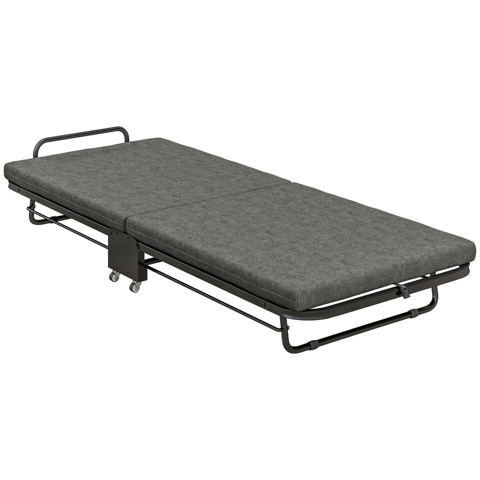 image 1 of HOMCOM Single Folding Bed with Mattress Foldable Guest Bed on Wheels, Grey