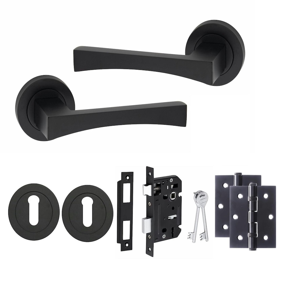 image 1 of Golden Grace Wave Handles Set on Round Rose in Matt Black Finish with 64mm 3 Lever Mortise Lock, 3" Ball Bearing Hinges and Key Hole Black
