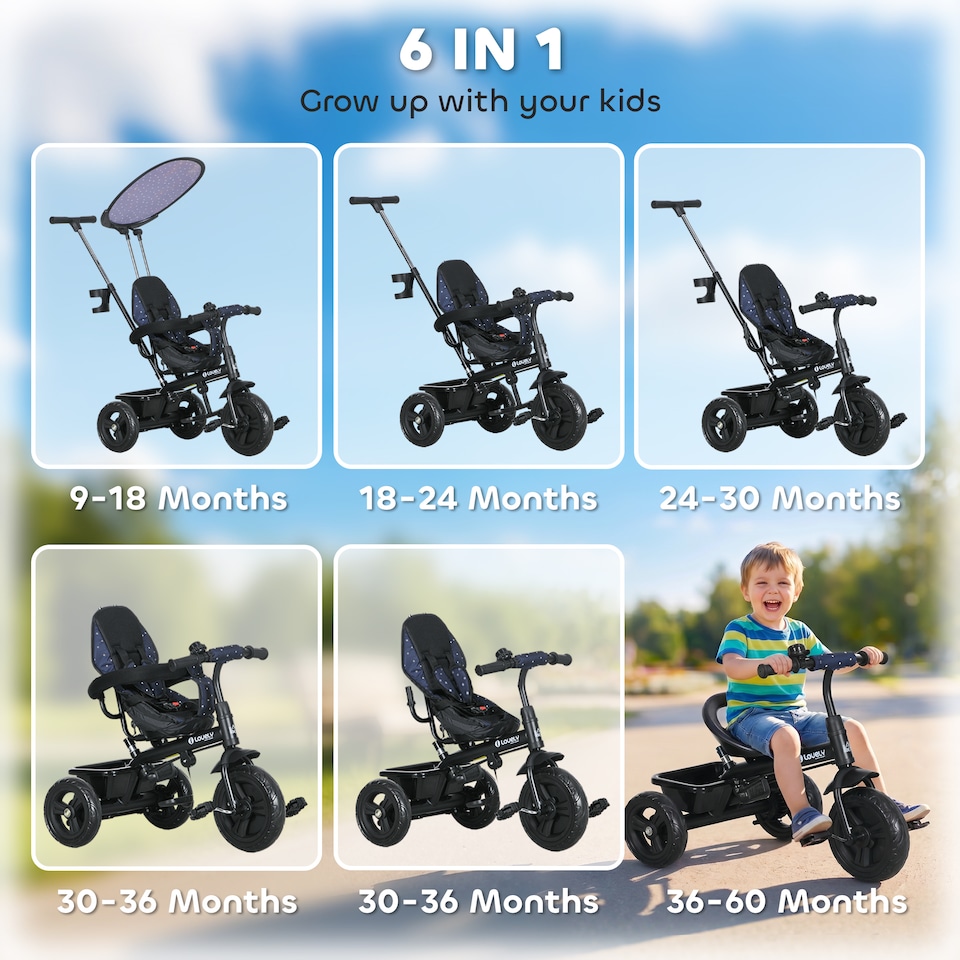 image 1 of HOMCOM 6 in 1 Kids Tricycle w/ Removable Handle for 1.5+ year, Dark Blue
