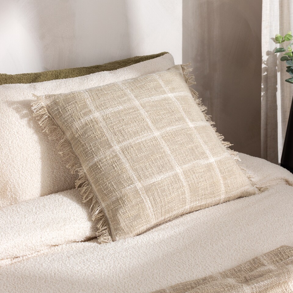 image 1 of Yard Beni Check Fringed Cushion, Stone/Natural, 45 x 45cm