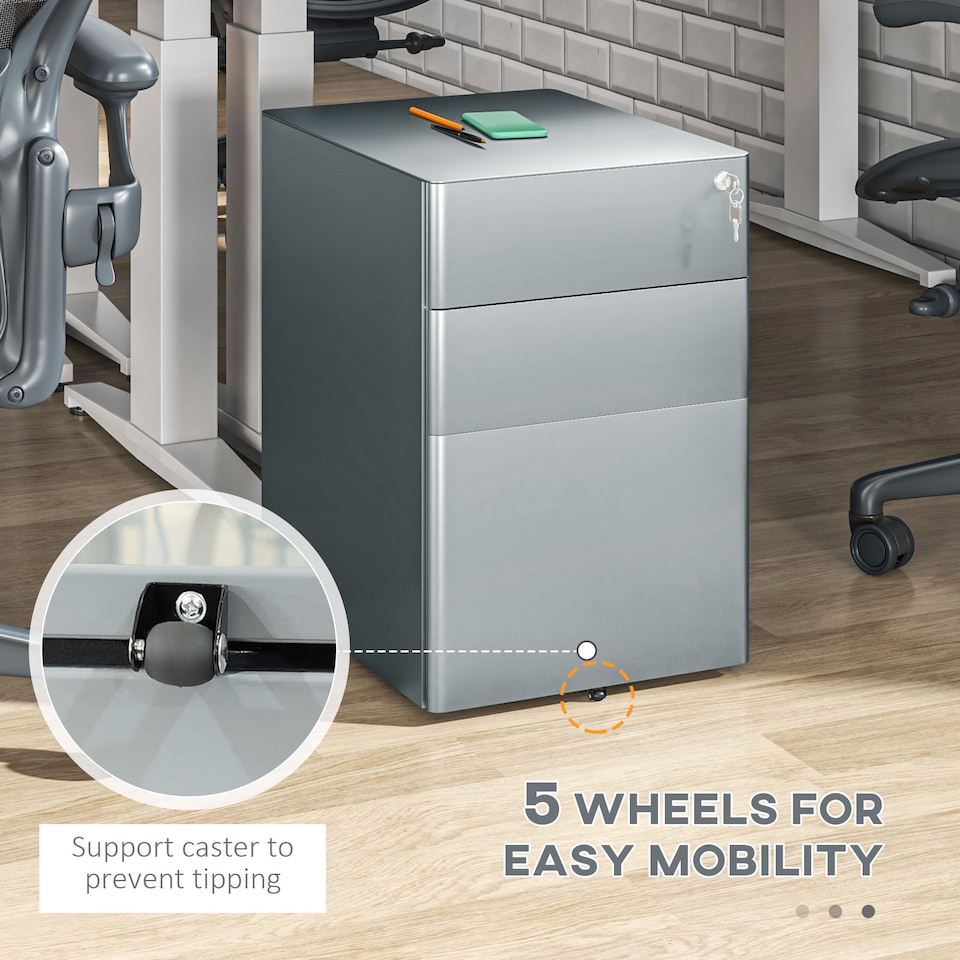 image 1 of Vinsetto 3-Drawer Mobile Filing Cabinet, Steel Lockable File Cabinet for A4, Legal, Letter, Compact Under Desk Storage Unit with Pre-Assembled Body Except Wheels for Home Office, 39 x 48 x 59cm, Grey