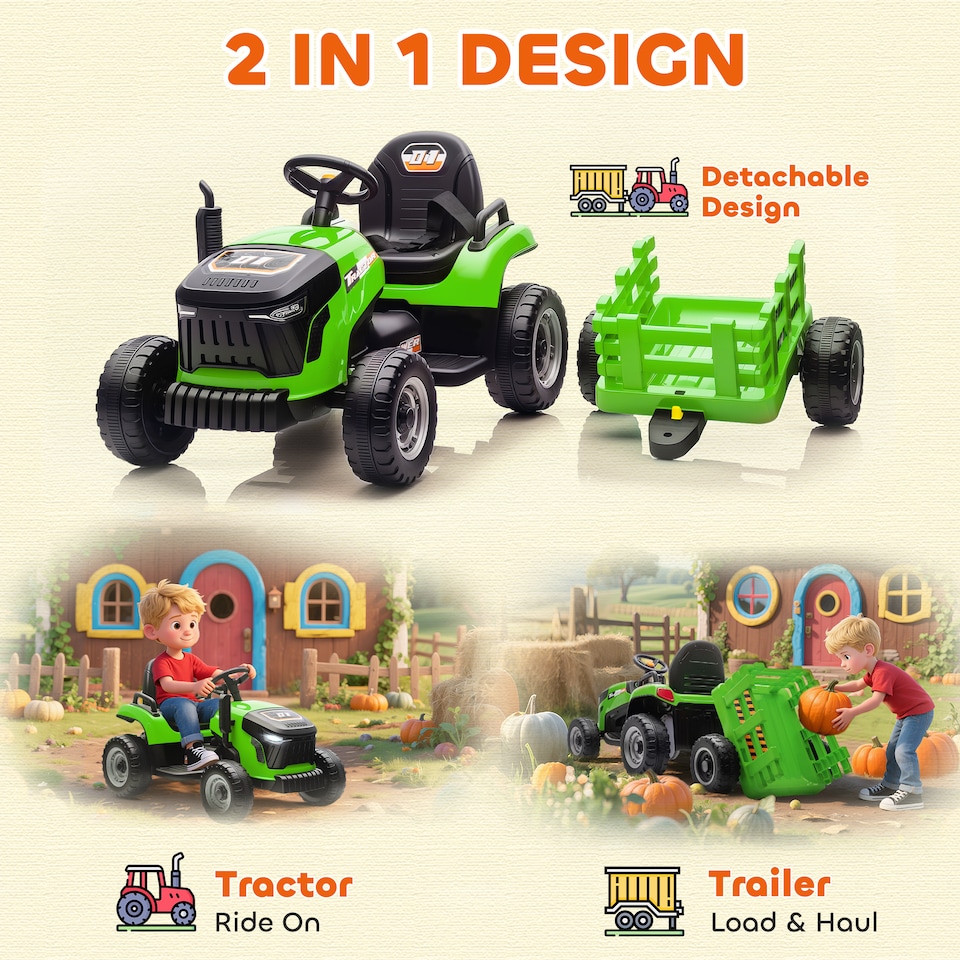image 1 of AIYAPLAY Ride on Tractor with Trailer, 12V Electric Vehicle with Remote Control, Ride on Car for Kids with Music, Shifter, Start-Up Sound for Ages 3-8 Years | Green