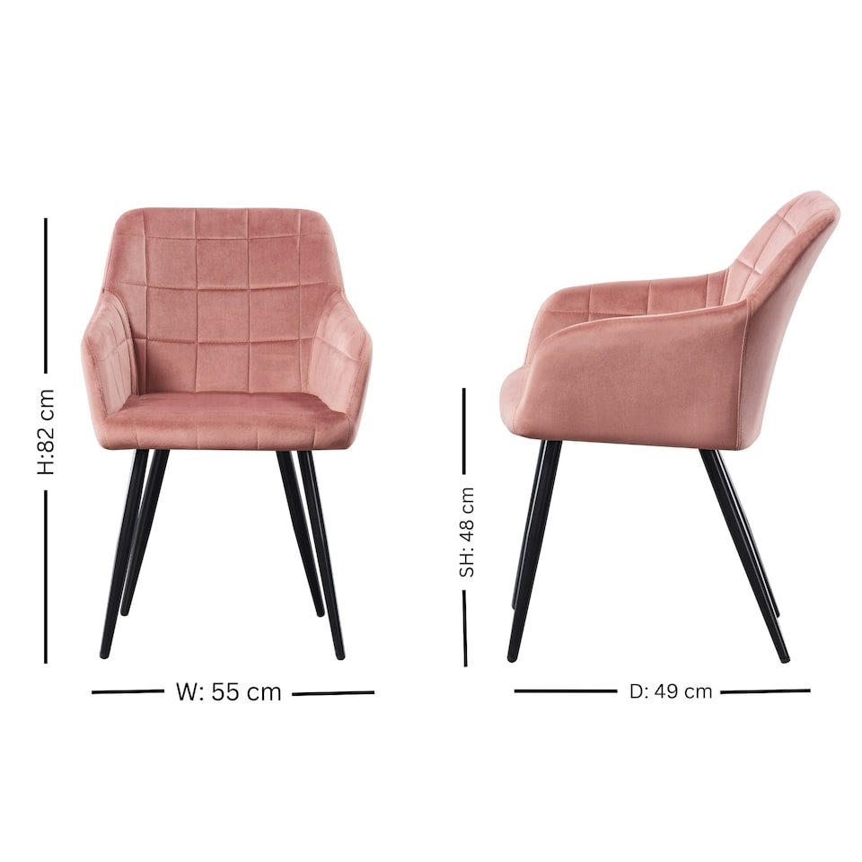 image 1 of Set of 4 Camden Modern Velvet Dining Chairs with Armrests, Quilted Design & Black Metal Legs Pink