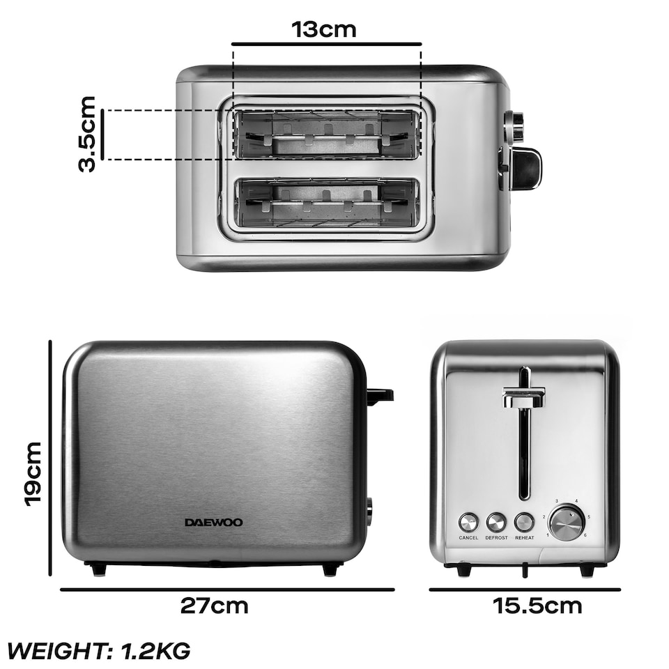 image 1 of Daewoo Small Electric 2 Slice Toaster Wide Slot Brushed Stainless Steel Silver Silver | 2-slice