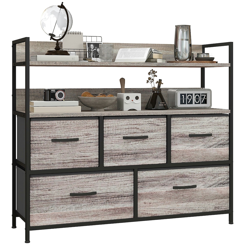 image 1 of HOMCOM Bedroom Chest of Drawers 5 Drawer Dresser w/ Shelves, Grey Wood Effect