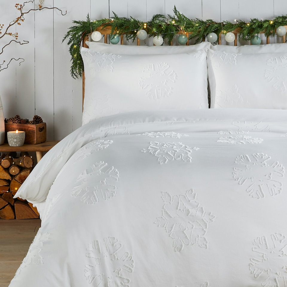 image 1 of Duvet Day Snow Crystal Tufted Soft Touch Super King Duvet Set | White | Super King | 1