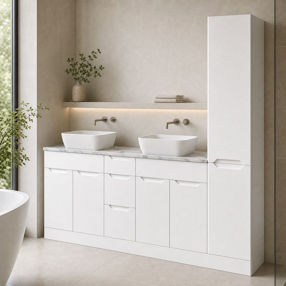image 1 of Balterley Teddesley Floor Standing 4 Door 3 Drawer Vanity Combination Unit with Tall Unit, Laminate Worktop and Countertop Vessel, 1800mm, Matt White