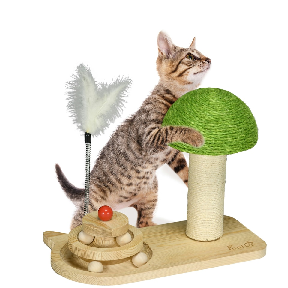 image 1 of PawHut 26cm Mushroom Cat Scratching Post with Toy Balls Feather