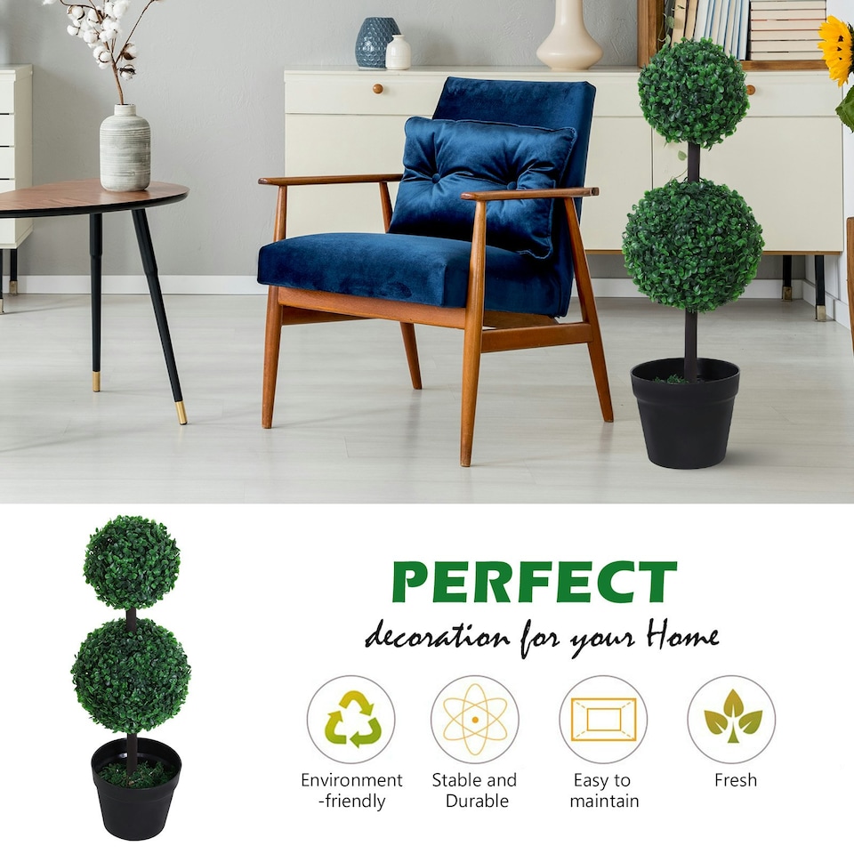 image 1 of Outsunny 2 PCS Artificial Double Ball Tree w/ Pot