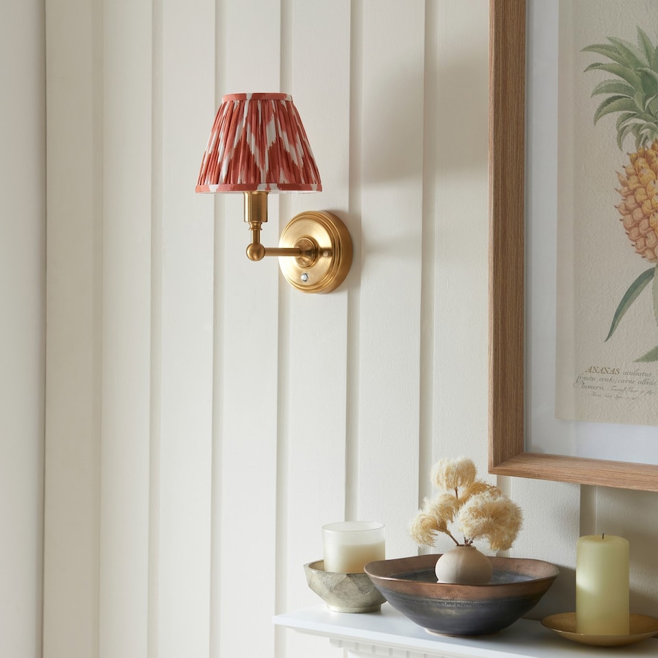 image 1 of Burley Rechargeable Brushed Aged Brass Plate Wall Light with Apricot Orange Fabric Zigzag Shade 16cm Integrated LED