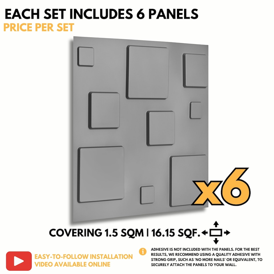 image 1 of NOVECRAFTO 3D Geometric Wall Panels – Matt White Squares Design – 6 PVC Sheets – 1.5m² (16.15sqft) – Interior Cladding Wall Tile Effect | White