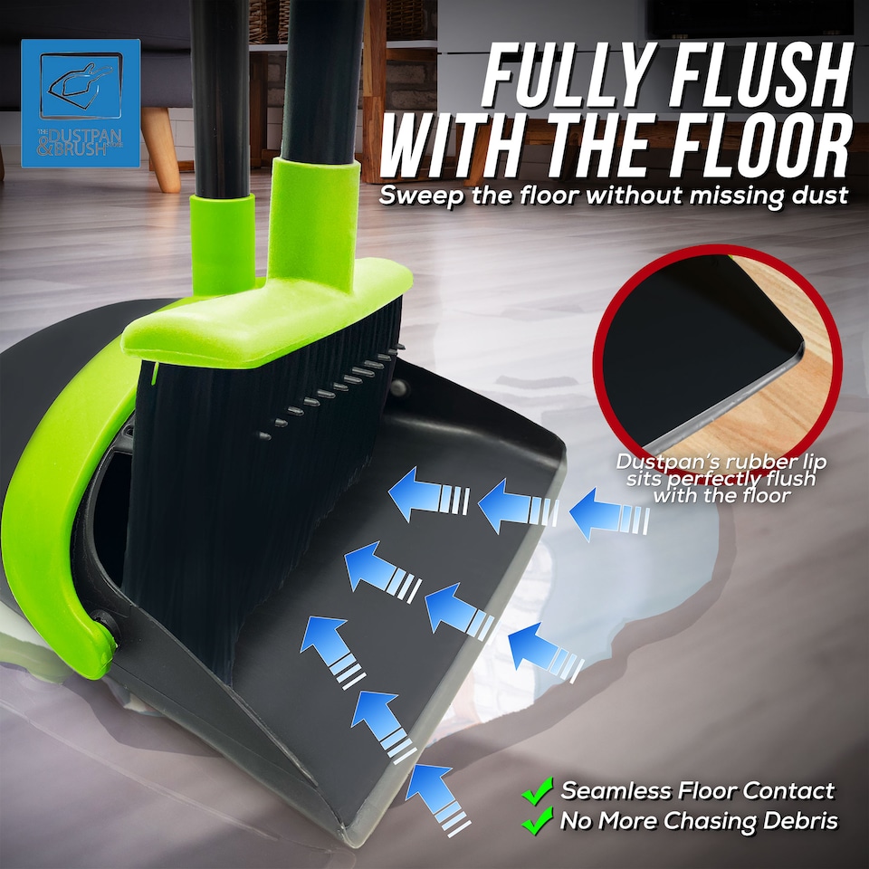 image 1 of Long Handled Dustpan and Brush Set Upright Sweeping Broom with Built-In Bristle Cleaner