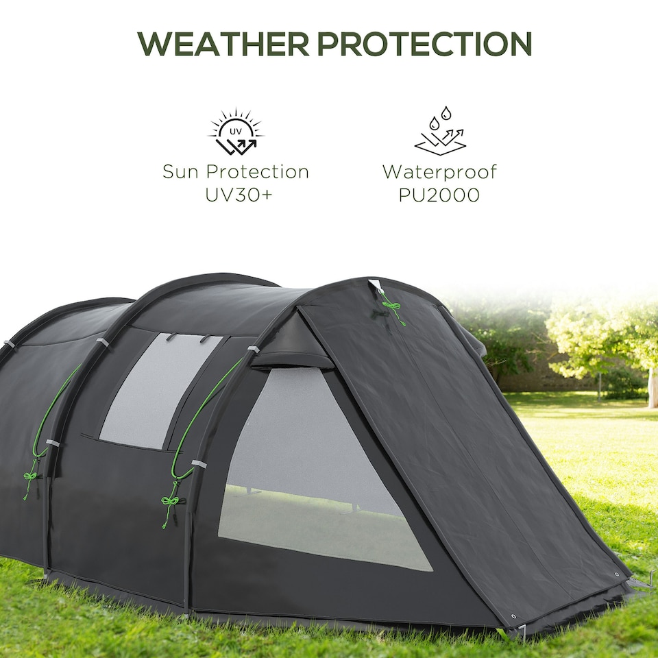 image 1 of Outsunny 3-4 Persons Tunnel Tent, Two Room Camping Tent w/ Windows, Black