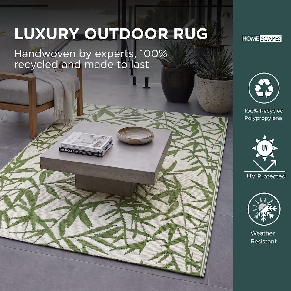 image 1 of Homescapes Outdoor Rug Luxury Waterproof Reversible Recycled, For Garden, Zena Tropical | Green | Green and White