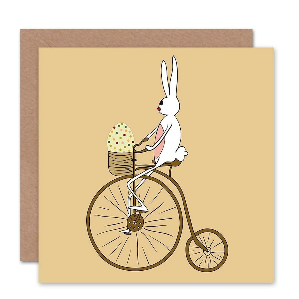 image 1 of Bunny Penny Farthing Bicycle Egg Basket Cartoon Easter Card