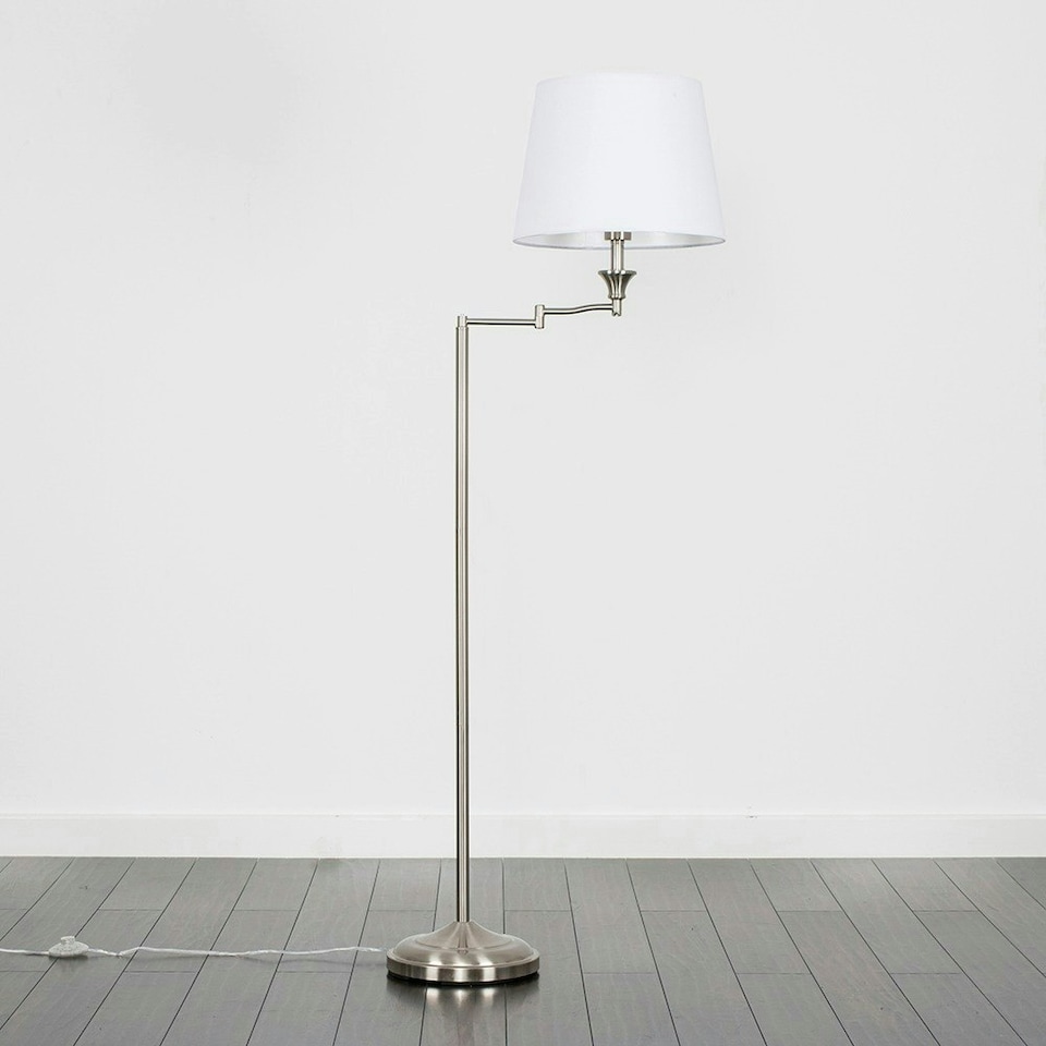 image 1 of ValueLights Sinatra Brushed Silver Floor Lamp with Medium White Tapered Shade and LED Bulb