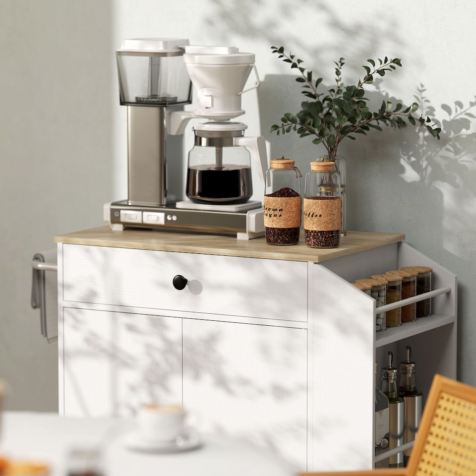 image 1 of HOMCOM Kitchen Island on Wheels with Drawer, Rolling Kitchen Storage Trolley with 3-Tier Spice Rack, Towel Rack and Adjustable Shelf, White