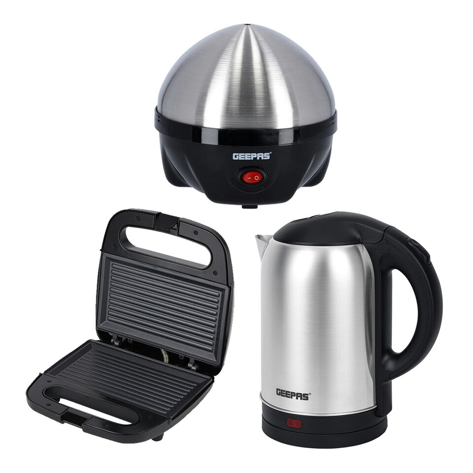 image 1 of GEEPAS 3-in-1 Egg Boiler Poacher, Panini Sandwich Press & 1.8L Electric Kettle Kitchen Combo Set