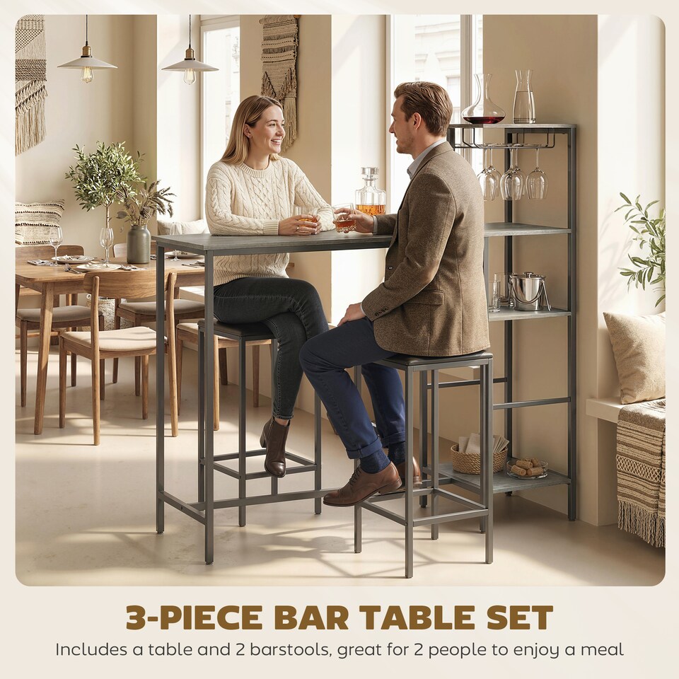 image 1 of HOMCOM 3Pcs Breakfast Bar Table and Stools Set 4-tier shelving | Black | Grey, Black | Table: 122W x 39.5D x 122.3H cm; Stool: 30.5W x 30.5D x 60H cm