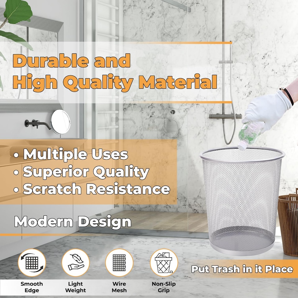 image 1 of Mesh Waste Bin Rubbish Basket Round Metal Paper Trash Bin Office Bedroom Kitchen 1pk