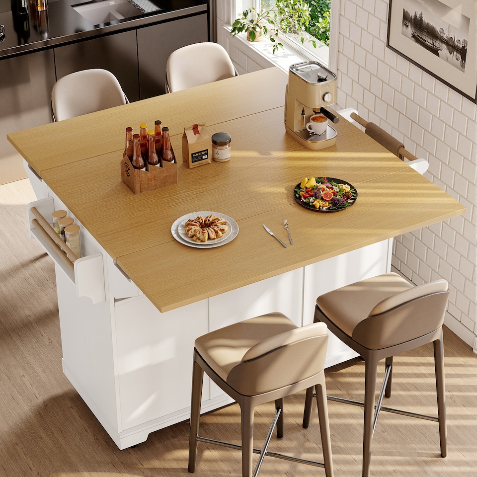 image 1 of VILUXE Kitchen island, cabinet, sideboard 120 x 40 (80) x 95 cm, extendable kitchen trolley with casters, extendable on both sides, with towel rail and spice rack, two doors, three drawers, black/white