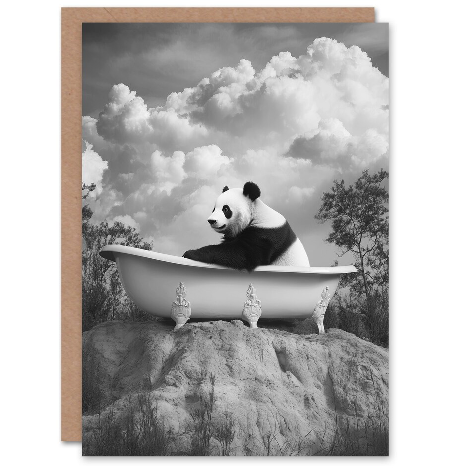 image 1 of Panda Bear in Elegant Bathtub Black White Surreal Birthday Greeting Card