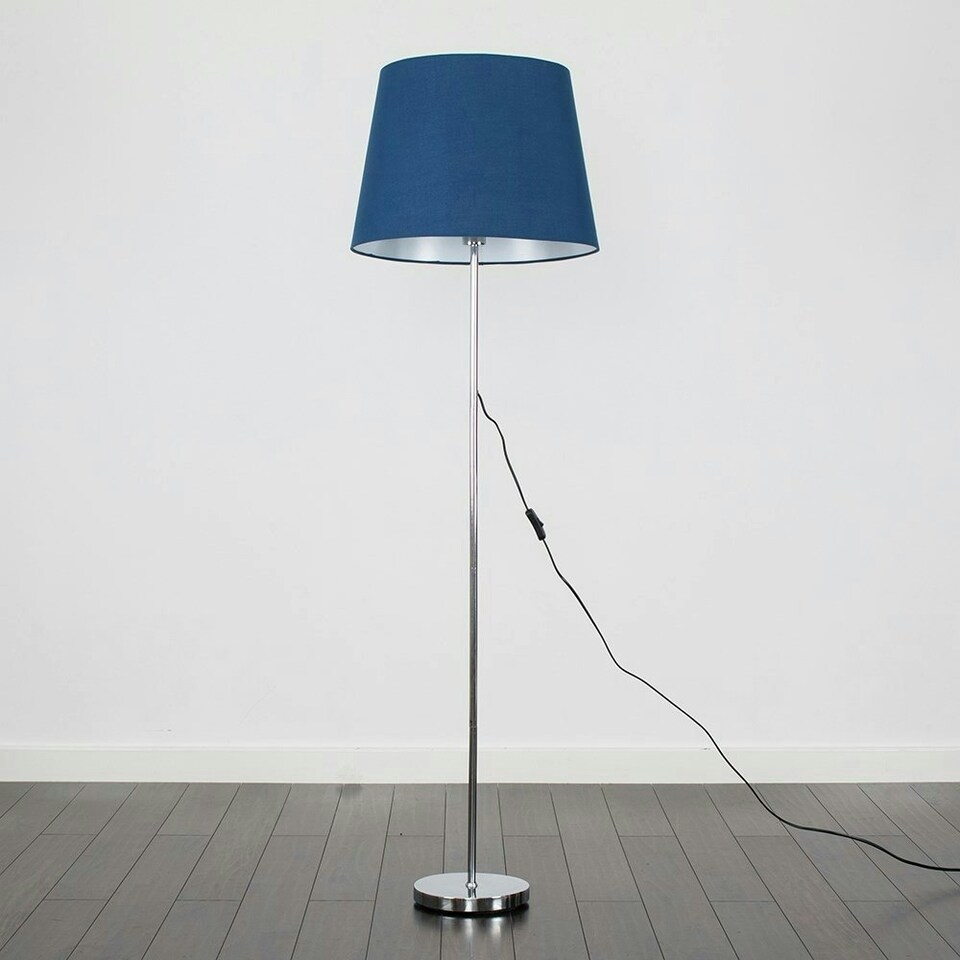 image 1 of ValueLights Modern Polished Chrome Metal Standard Floor Lamp With Navy Blue Shade