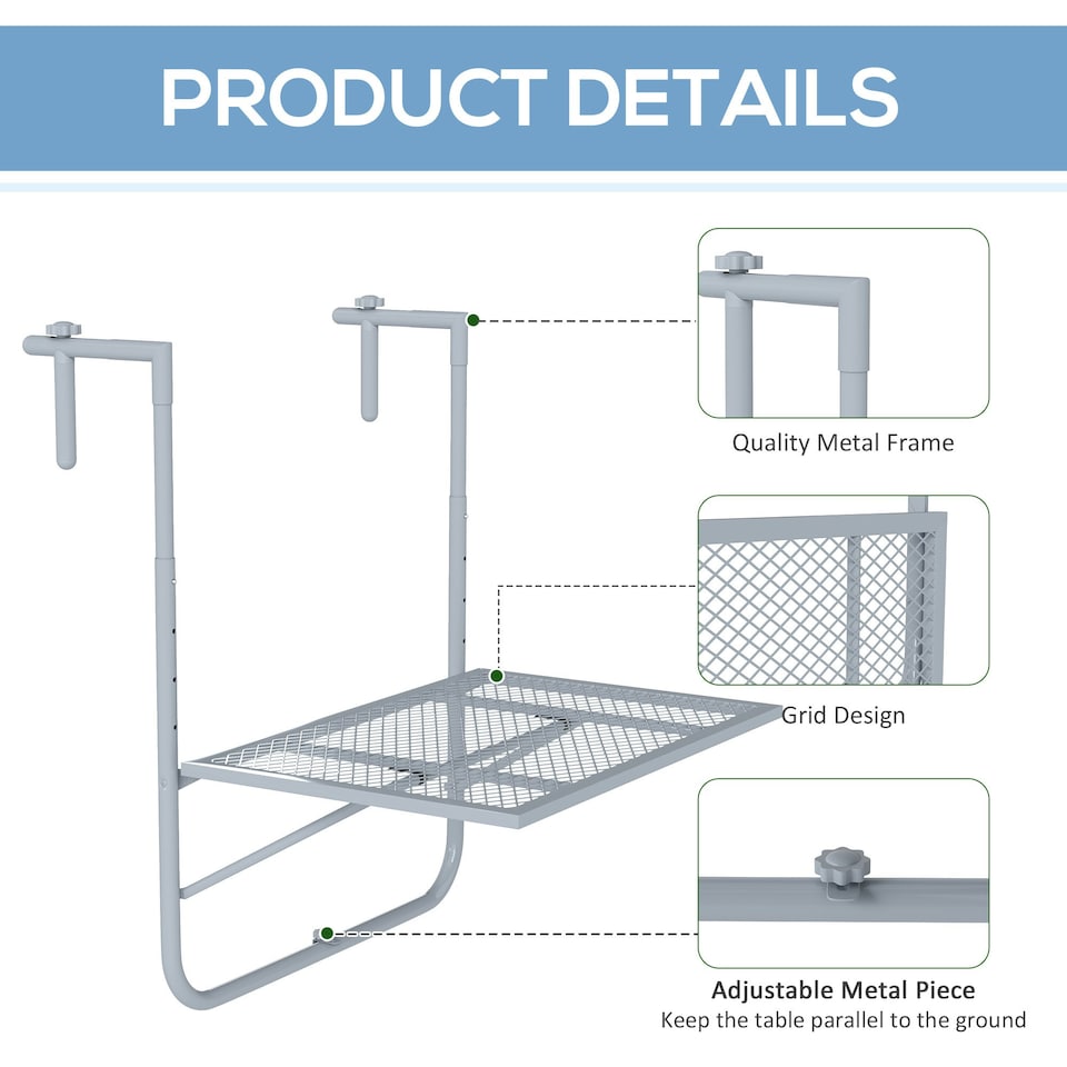 image 1 of Outsunny Balcony Hanging Table Wall Mount Adjustable Folding Desk Patio Grey