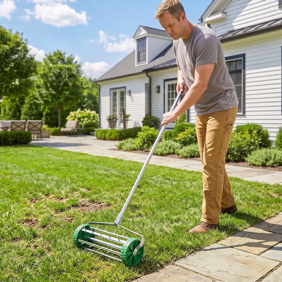 image 1 of Outsunny Lawn Aerator Outdoor Grass Care Heavy Duty Garden Roller Manual Handle | Green | Green