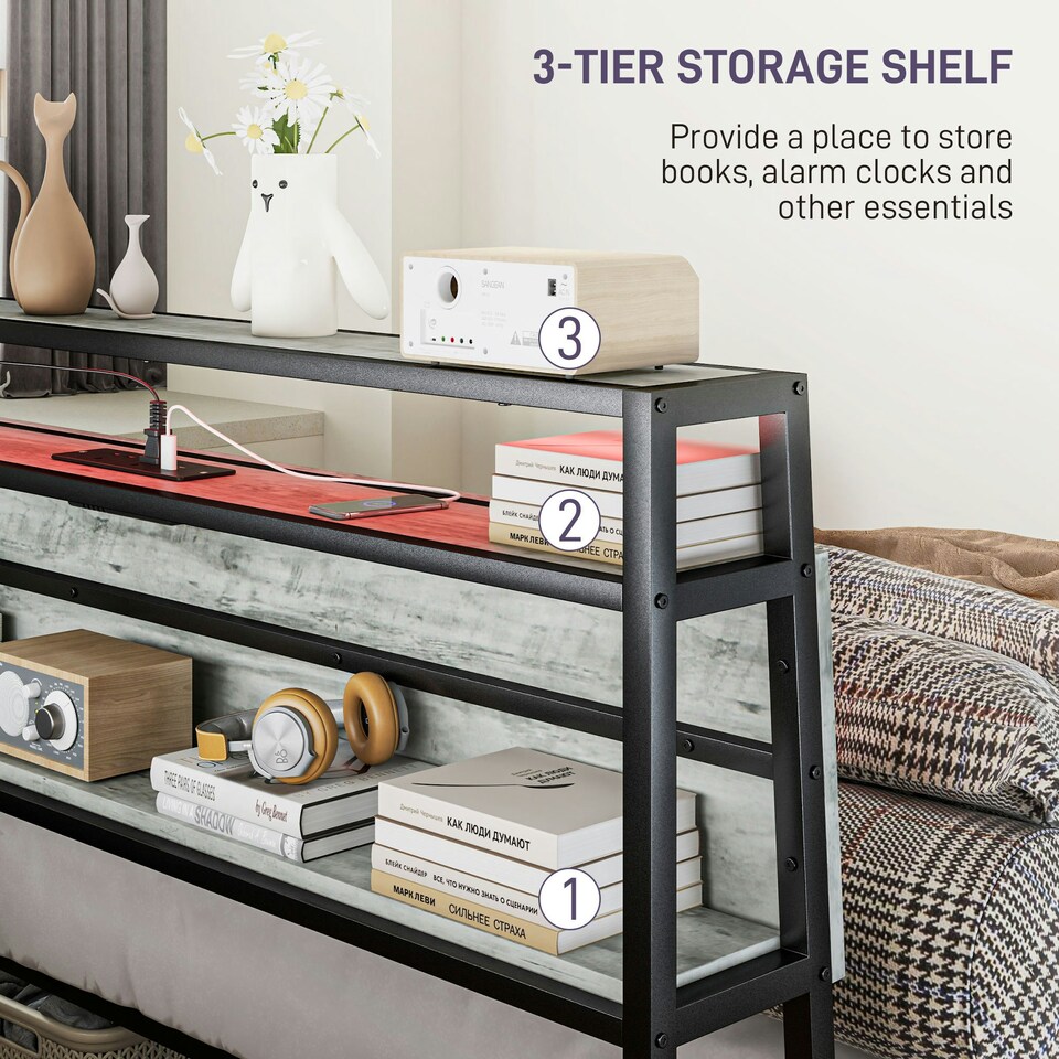 image 1 of HOMCOM LED Double Bed Frame with Charging Station, 135 x 190cm, Cement Grey