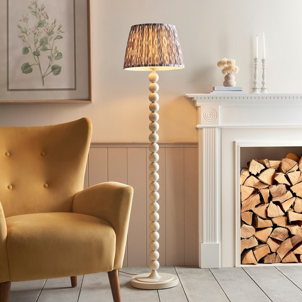 image 1 of Higgledy Gloss Almond White Paint Floor Lamp with Pearl Grey Fabric Ikat Shade 35cm E27