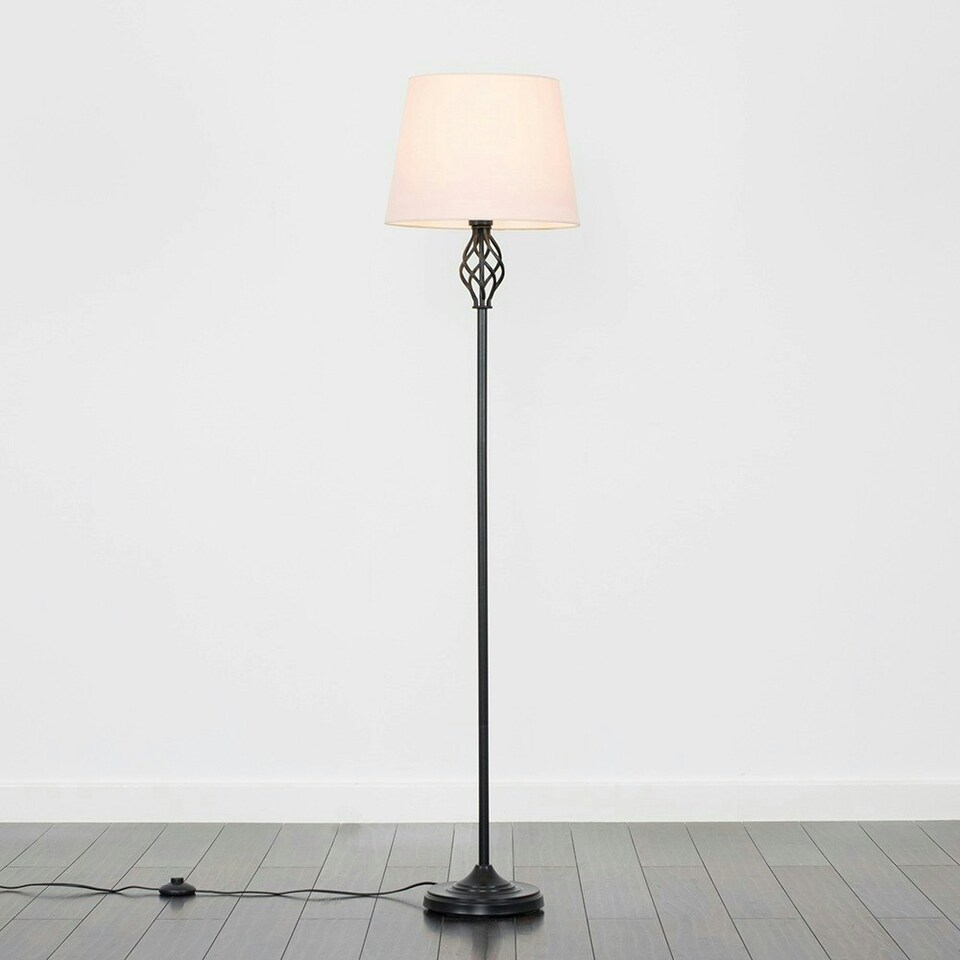 image 1 of ValueLights Memphis Matte Black Floor Lamp with Medium Pink Tapered Shade and E27 GLS LED 10W Warm White 3000K Bulb